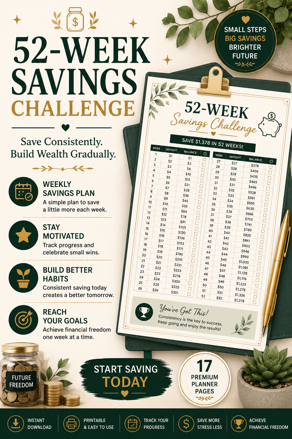 52-Week Savings Challenge | Printable Savings Tracker & Goal Planner