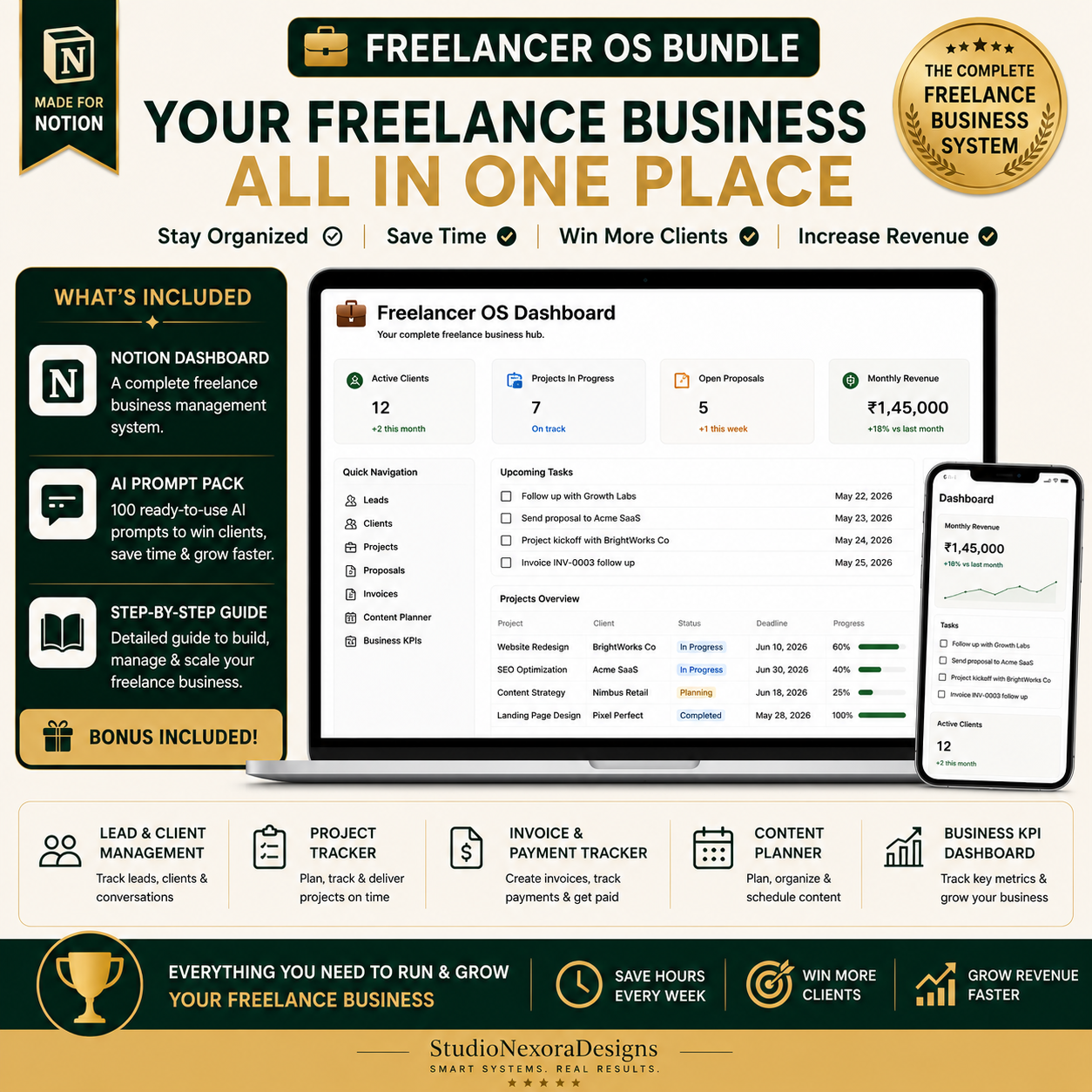 Freelancer OS Ultimate Bundle | Notion Dashboard, AI Prompt Pack & Freelance Business Guide