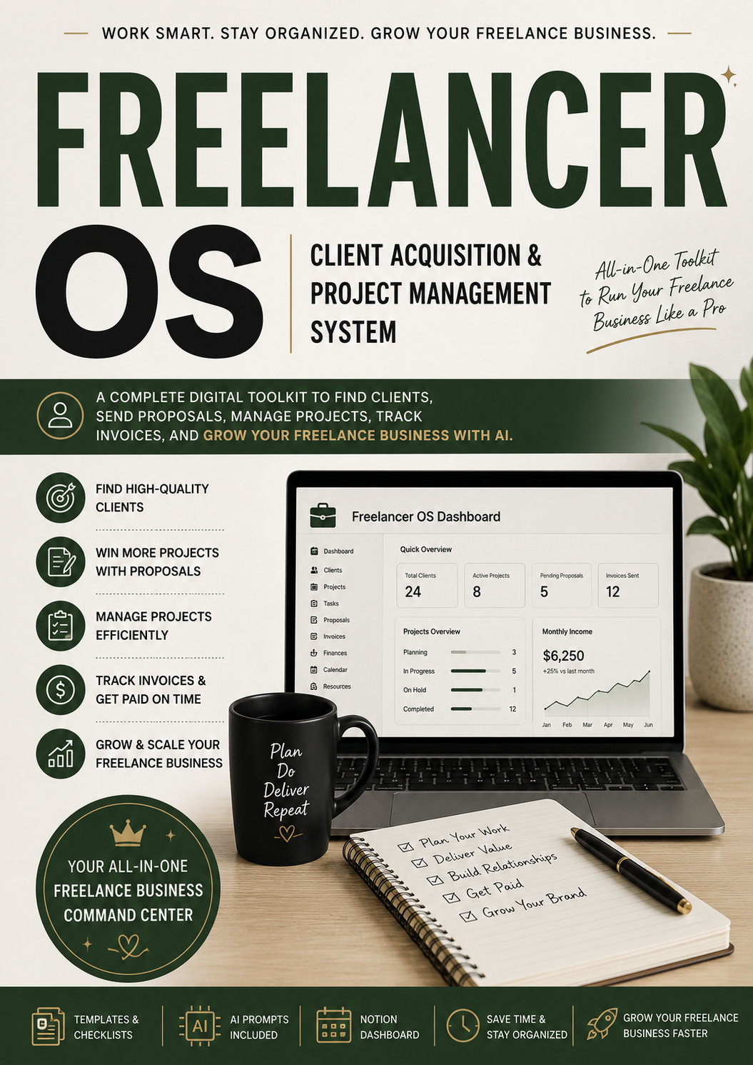 Freelancer OS Ultimate Bundle | Notion Dashboard, AI Prompt Pack & Freelance Business Guide