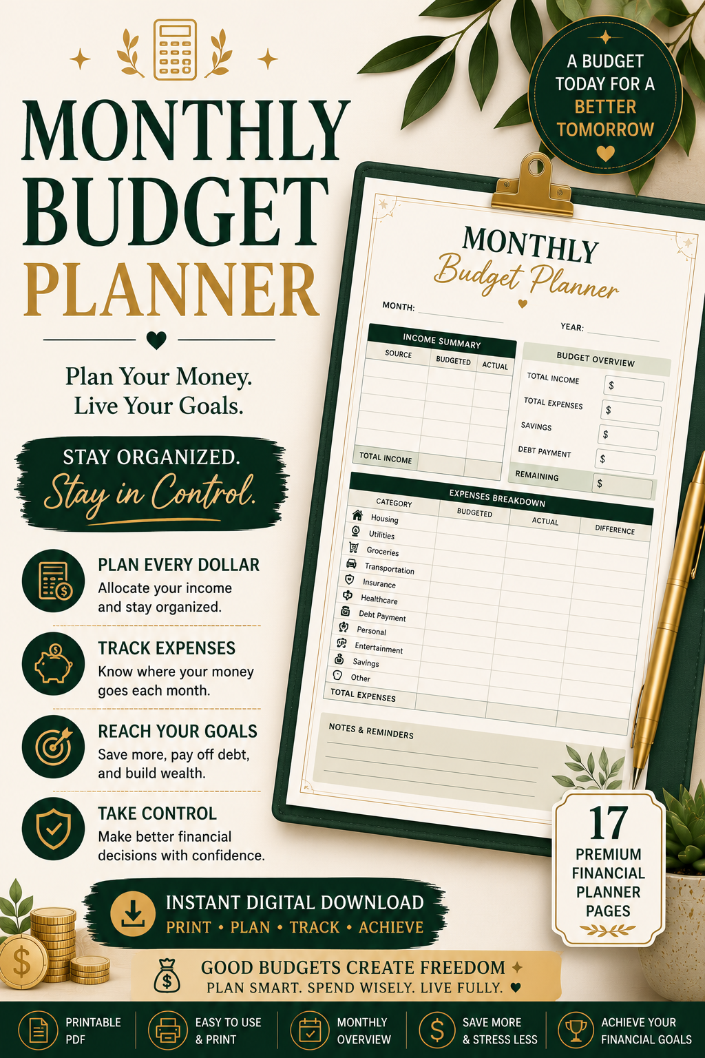 Monthly Budget Planner | Printable Budget Worksheet & Finance Tracker