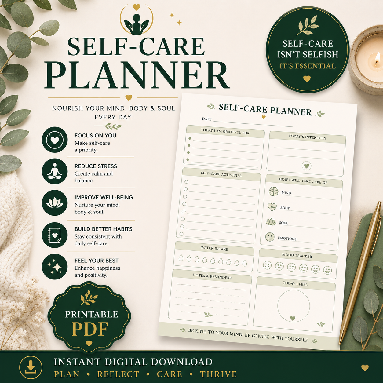 Wellness Planner Bundle | Habit Tracker, Self-Care Planner, Sleep Tracker, Meal Planner Printable PDF