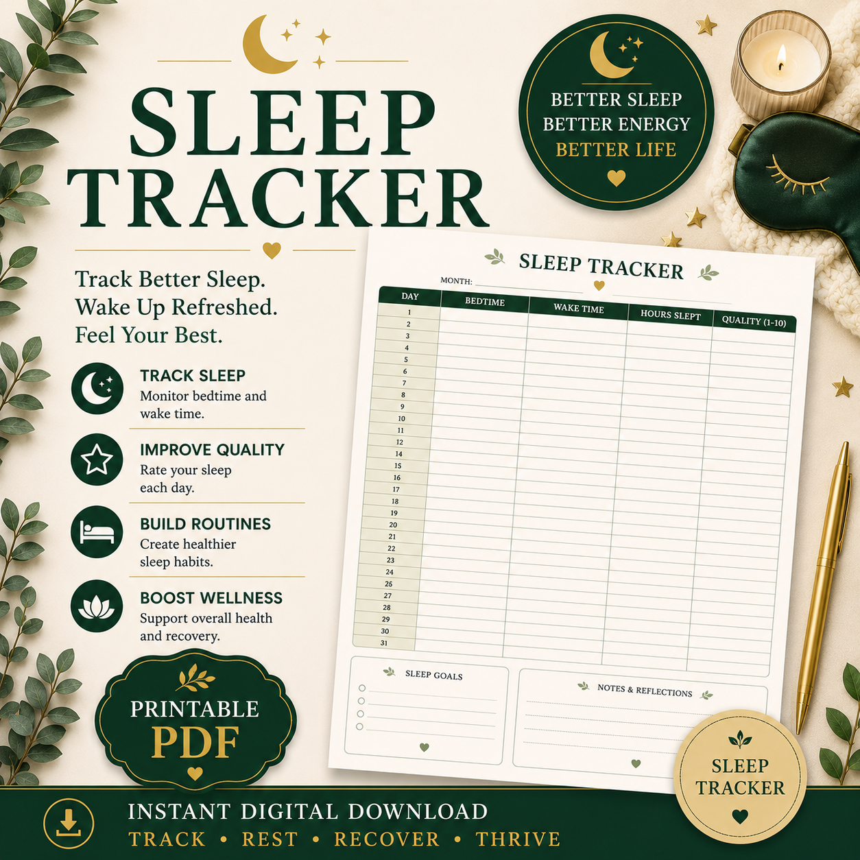 Wellness Planner Bundle | Habit Tracker, Self-Care Planner, Sleep Tracker, Meal Planner Printable PDF