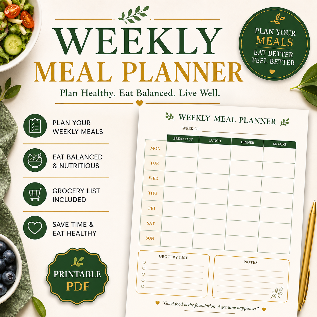 Weekly Meal Planner | Printable Meal Planning Template & Grocery List PDF