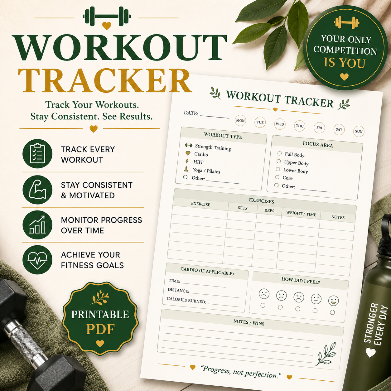 Workout Tracker | Printable Fitness Planner & Exercise Log PDF
